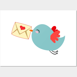 Blue bird with mail heart romantic social media tweet red wings email Posters and Art